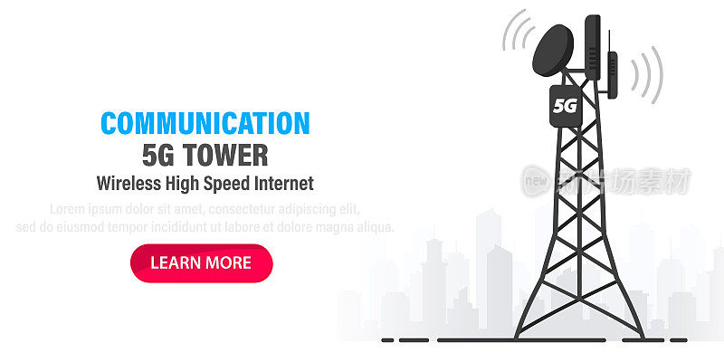 5 g网络技术。通讯塔无线高速互联网。基站、移动数据塔、蜂窝设备、电信天线、信号。未来最快互联网的概念